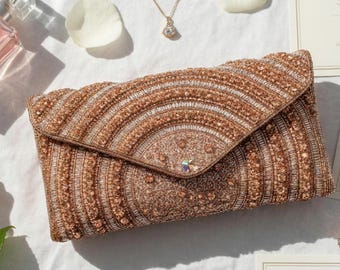 Beaded Rose Gold Bridal Clutch Elegant Evening Purse for Prom & Formal Celebrations Pink Purse for Wedding Reception Cocktail Night Handbag