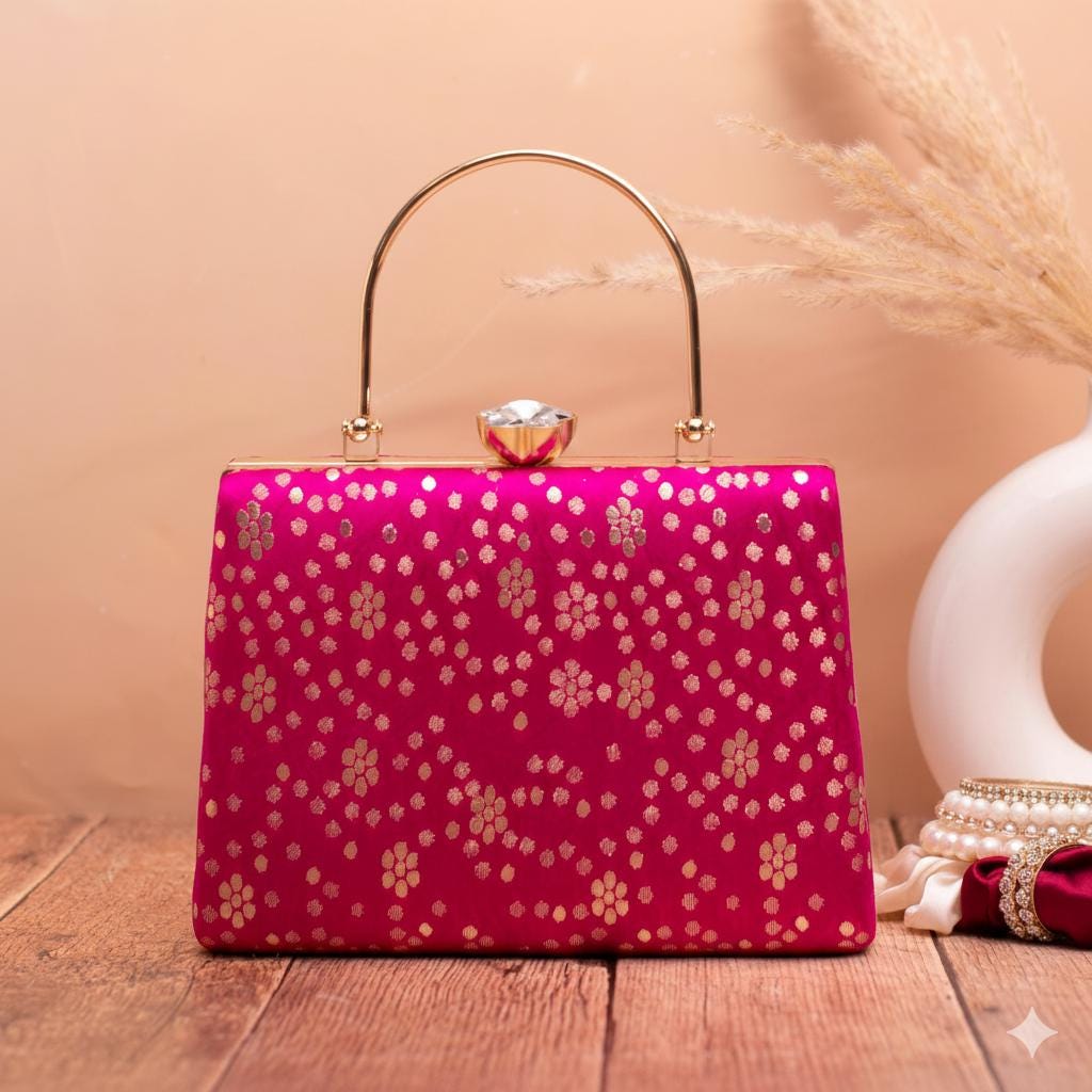 Fuchsia Purse With Gold Chain Brocade Purse Floral Evening Bag Magenta Formal Clutch Purse Party Handbag Bridesmaid Gift for Mother of Bride