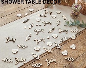 Rustic Party Table Scatter Baby Shower Neutral Decor Wooden Heart Charm Boho Shower Confetti Gender Reveal Decoration Favor Bag Tags New Mom