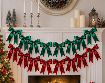 Christmas Bow Garland for Mantel Fireplace Red Green Holiday Decor for Home Staircase Decor Christmas Party Festive Gathering Decoration