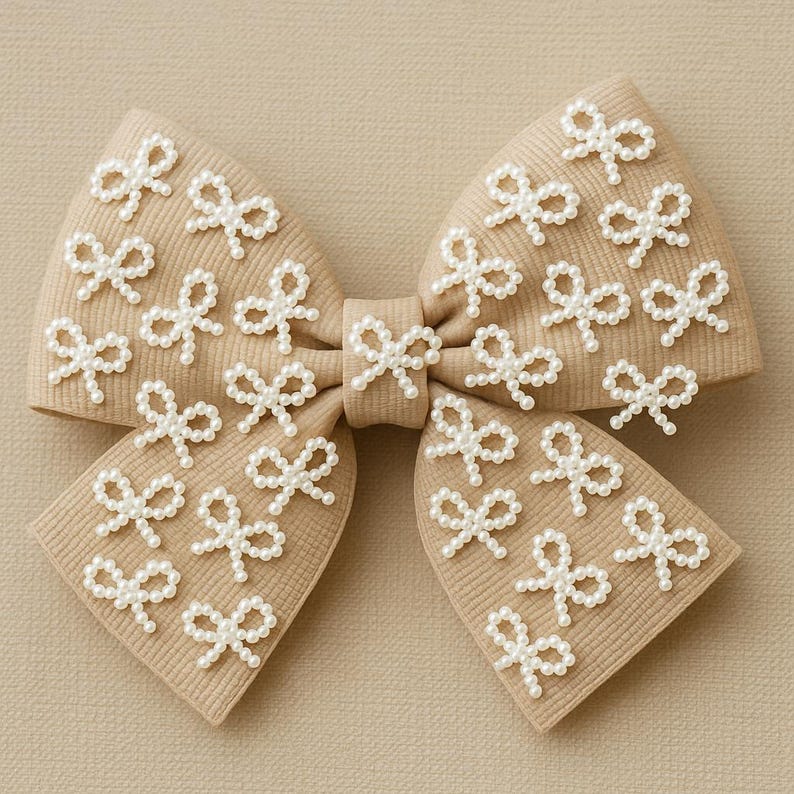 Cream Pearl Bows Flat Scatter on Linen Background with Pastel Dahlia Vase