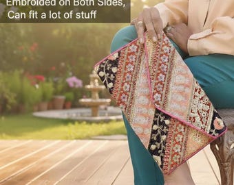Embroidered Envelope Clutch Purse Large Boho Wedding Guest Handbag Festive Party Accessory Ethnic Evening Bag Statement Clutch For Prom Gift