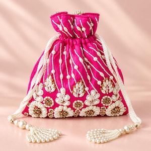 Hot Pink Potli Purse Pearl Decorated Wedding Gift Bag Bridal Shower Favor Indian Party Favor Evening Drawstring Bag Special Occasion Gift