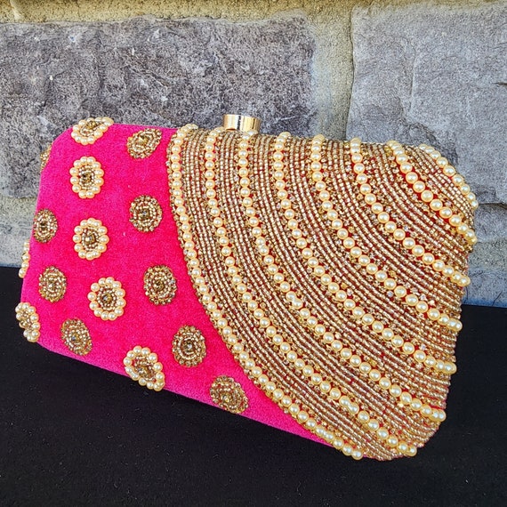 Fancy Party clutches and evening bags with hand embroidered on Silk/Jute  material. | Pearlings Designer Collection