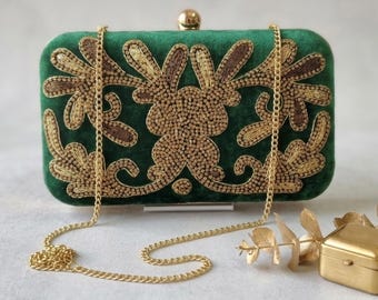 Velvet Clutch for Wedding Guest with Gold Chain Green Purse Embroidered Handbag Indian Bridal Clutch Embelished Box Clutch Green and Gold