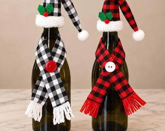 Wine Bottle Cover Christmas Santa Hat and Scarf Set Holiday Bottle Decor Hostess Present Coworker Christmas Gift Wine Lover Gift Idea Friend