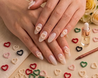 3D Pearl Heart Nail Manicure Charm Hollow White Beaded Heart Nail Art Coquette Bridal Accessory DIY Nail Gems & Craft Supply Valentine Nails