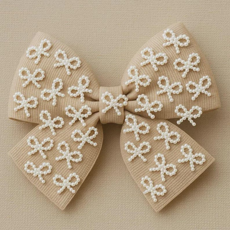 Tiny White Pearl Bow Embellishment for Wedding Invitations, Scrapbook Journals, Baby Shower Decor, Minimalist Handmade Craft Accent, Elegant Plastic Beaded Bow for Card Making, Gift Wrapping, and Accessories