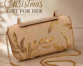 Christmas Gift for Her Champagne Gold Clutch Purse Sequin Evening Bag Holiday Party Purse Elegant Gold Gift for Wife Present For Girlfriend