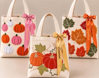 Personalized Fall Tote Bag Custom Name Scarf Embroidered Pumpkin Autumn Leaves Thanksgiving Hostess Gift For Teacher Appreciation For Mom