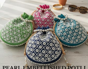 Pearl Embellished Potli Bag Embroidered Handbag for Bride Green Potli For Indian Wedding Bridesmaid Gift Sangeet Favor Idea Sagan Bag Pink