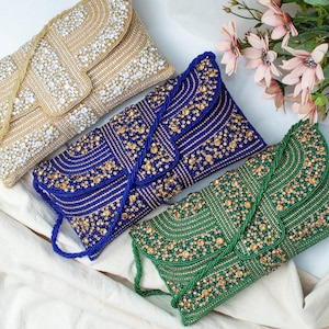 Bolso de mano formal con cuentas y cristales para noche, accesorio de boda, bolso de corbata negro, dorado, azul oscuro, verde, lujoso, hecho a mano, elegante, para ocasiones especiales