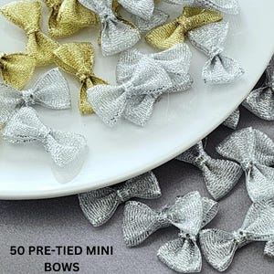 May include: A white plate with 50 pre-tied mini bows in silver and gold. The bows are made of a shimmery fabric and are perfect for adding a touch of sparkle to any craft project.