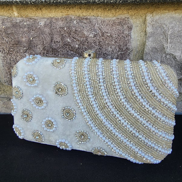 Embroidered Silver Velvet Clutch Purse | Evening Party Ethnic Wear Indian Clutch | Velvet Silver Pearl Studded Clutch Purse | Wedding Clutch