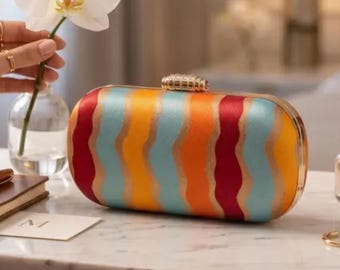Colorful Dressy Handbag Multicolor Striped Purse with Gold Chain Statement Evening Bag Wedding Guest Clutch Date night Cocktail party Dressy