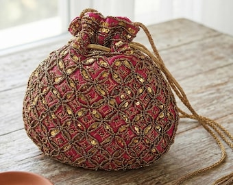 Hot Pink Bridal Potli Bag Gold Embroidered Drawstring Pouch Indian Wedding Clutch for Brides Handbag Bridesmaid Gift Festive Party Purse