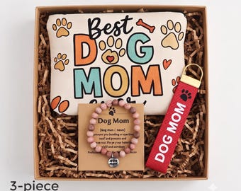 Dog Mom Gift Set Keychain For Dog Lover Basket Makeup Pouch Large Beaded Bracelet Keyring Wristlet Cute Gift for Fur Mama Birthday Gift