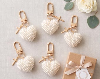 Personalized Baptism Favor Keychain Christening Thank You Gift First Communion Guest Keepsake Cross Charm Bulk Religious Favor Pearl Heart