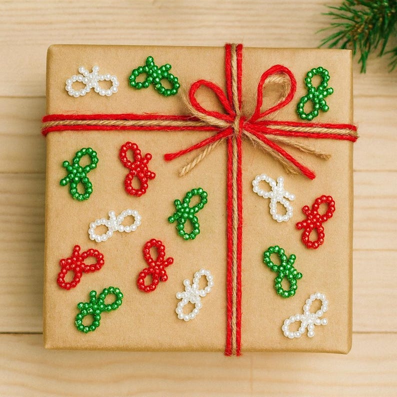 Miniature Pearl Bow Christmas Embellishment Small Size Accessory Holiday Craft Supply Plastic Material Construction Red Green White Colors Festive Decoration Piece Perfect Card Making Addition Scrapbook Project Essential Gift Wrap Accent