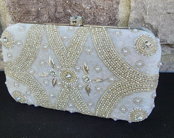 Embroidered Silver Shoulder Purse | Indian Embroidered Silver Wedding Clutch | Ladies Bridal Evening Purse Embroidered Bag | Handbag Purse