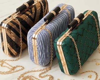 Emerald Green and Gold Sequin Clutch Bag Silver Evening Purse with Chain Strap Wedding Guest Bag Bridesmaid Clutch Formal Party Luxury Gift