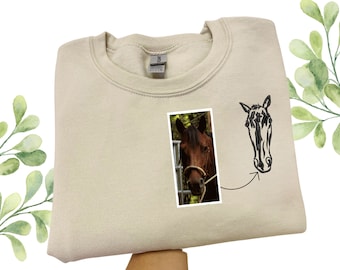 Custom Embroidered Horse Portrait from Photo Sweatshirt, Custom Hoodie for Horse Lover, Line Art Horse Hoodie, Horse Memorial Crewneck