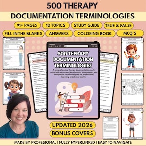 Therapy Documentation Terminology Bundle, 500+ Terminologies, 91+ Pages, 10+ Topics, Hyperlinked, Quiz & Coloring Book (Digital Download)