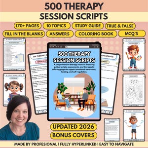 500 x Therapy Session Scripts, 170+ Pages, 10+ Topics, Fully Hyperlinked, Quiz & Coloring Book (Digital Download)