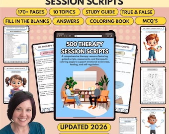 500 x Therapy Session Scripts, 170+ Pages, 10+ Topics, Fully Hyperlinked, Quiz & Coloring Book (Digital Download)