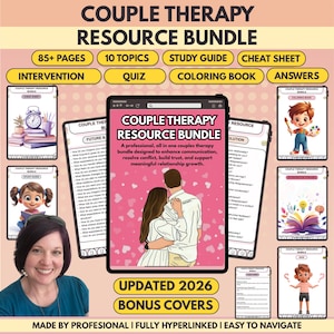 Puede incluir: Un paquete de recursos digitales para terapia de pareja, con una tableta que muestra el título "Couple Therapy Resource Bundle". La imagen incluye guías de estudio, un libro para colorear y otros recursos. El paquete está diseñado para mejorar la comunicación y la confianza.