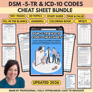 Könnte beinhalten: Ein Bundle von DSM-5-TR & ICD-10 Codes Cheat Sheets. Das Bild zeigt ein Tablet mit dem Cheat Sheet sowie andere Lernhilfen. Das Bundle umfasst über 140 Seiten, 20 Themen, Studienführer und Malbücher. Aktualisiert 2026.