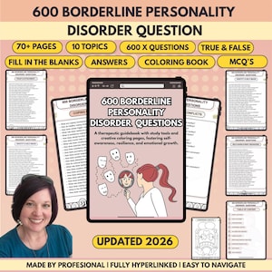 May include: A digital guide titled "600 Borderline Personality Disorder Questions" with 70+ pages, 10 topics, and 600 questions. Includes fill-in-the-blanks, answers, a coloring book, and MCQs. The guide promotes self-awareness and emotional growth.