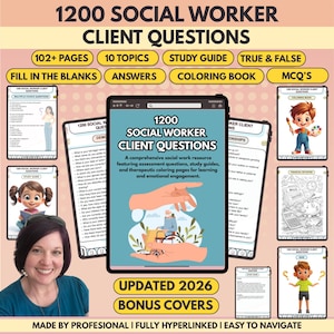 1200 questions de clients travailleurs sociaux, plus de 102 pages, plus de 10 sujets, liens hypertextes complets, quiz et livre de coloriage (téléchargement numérique)