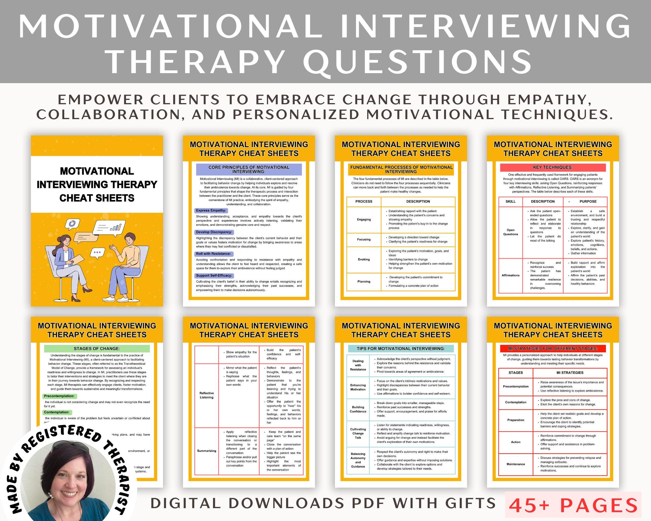 Motivational Interviewing Therapy Questions: MI Cheat Sheets (digital ...