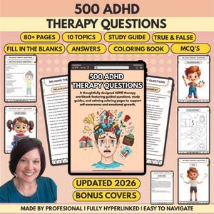 500 x ADHD Therapy Questions, 80+ Pages, 10+ Topics, Fully Hyperlinked, Quiz & Coloring Book (Digital Download)