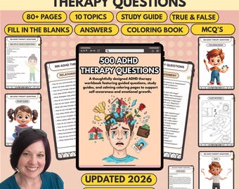 500 x ADHD Therapy Questions, 80+ Pages, 10+ Topics, Fully Hyperlinked, Quiz & Coloring Book (Digital Download)
