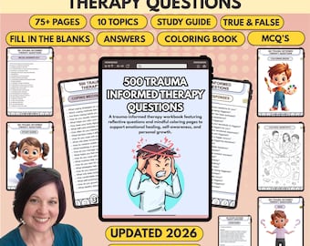 500 x Trauma Informierte Therapie Fragen, 75+ Seiten, 10+ Themen, Quiz & Malbuch (Digitaler Download)