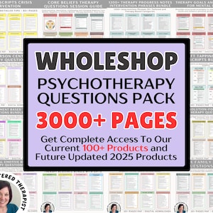 May include: A collection of digital therapy resources, including a "Psychotherapy Questions Pack" with over 3000 pages. The image features various guides and bundles, such as crisis intervention scripts and therapy progress notes. The central graphic is a black rectangle with white and red text.