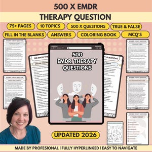 Puede incluir: Cuaderno de trabajo digital titulado "500 Preguntas de Terapia EMDR" con más de 75 páginas, 10 temas y 500 preguntas. Incluye ejercicios de completar, respuestas, un libro para colorear y preguntas tipo test. Actualizado 2026.