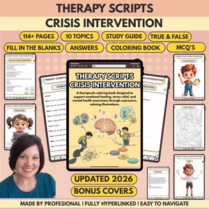 Crisis Intervention Therapy Scripts, 114+ Pages, 10+ Topics, Fully Hyperlinked, Quiz & Coloring Book (Digital Download)