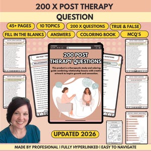 Puede incluir: Un producto digital titulado "200 X POST THERAPY QUESTION" con más de 45 páginas, 10 temas y 200 preguntas. Incluye ejercicios de completar, respuestas, un libro para colorear y preguntas de opción múltiple. El producto está actualizado para 2026.
