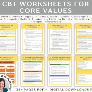 CBT Worksheets for Core Values, Mental Health Workbook, Limiting Beliefs, Growth Mindset, Challenge Negative Thoughts, Positive Thoughts