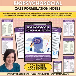 May include: A digital guide titled "Biopsychosocial Case Formulation Notes" with a comprehensive guide for assessment and treatment planning. The cover features a brain illustration with figures. Includes 20+ pages, 2026 edition.