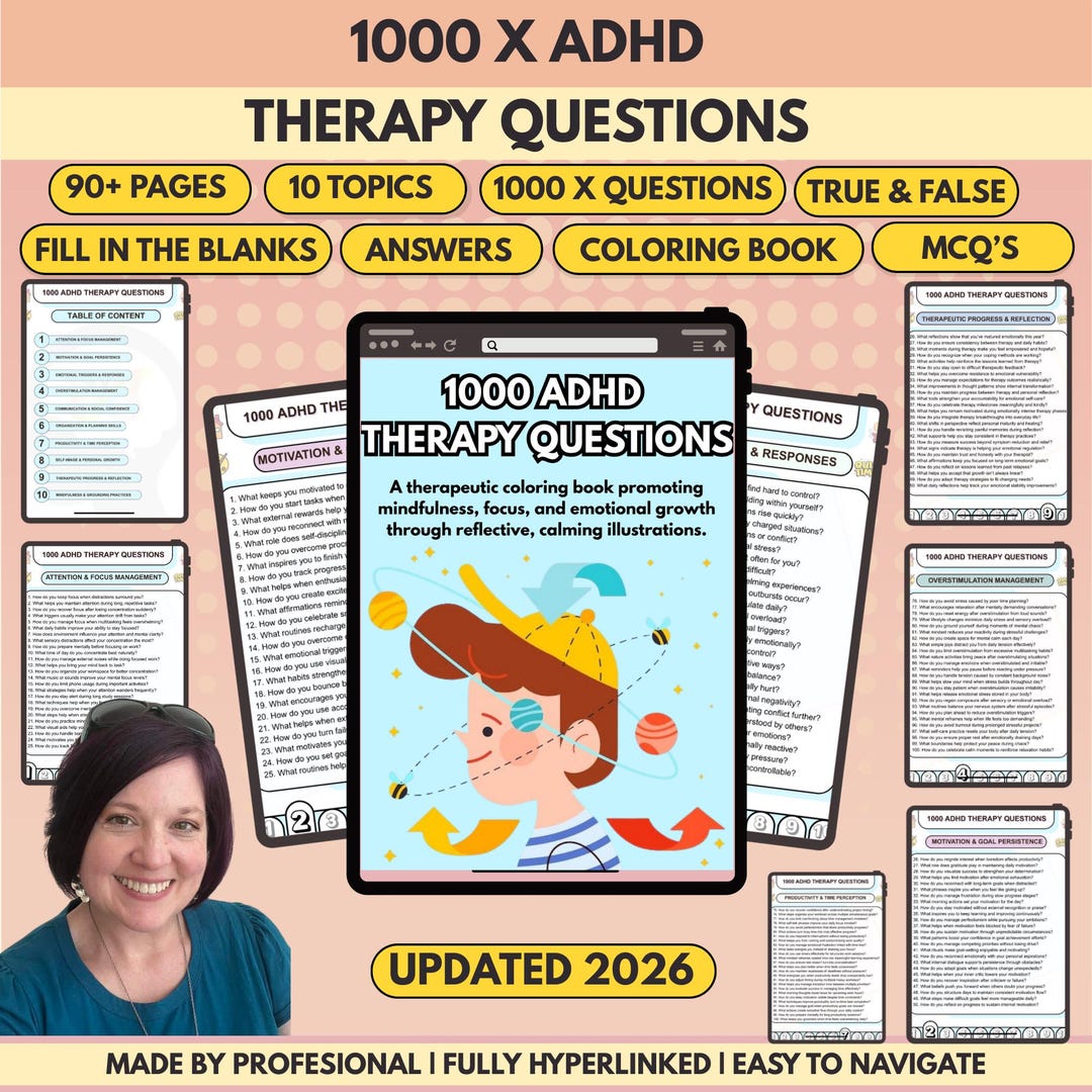 1000 X ADHD Therapy Questions Bundle, Study Guide, Coloring Pages ...