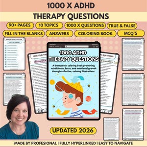 Peut inclure: Une tablette numérique affiche "1000 Questions de thérapie TDAH", un livre de coloriage thérapeutique. L'image comprend le texte "90+ pages", "10 sujets" et "1000 questions". Le livre favorise la pleine conscience et la croissance émotionnelle.