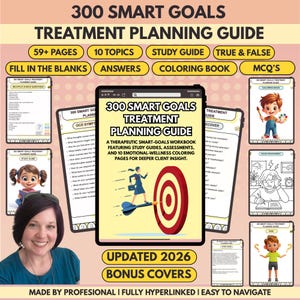 SMART Goals Treatment Planning Guide, 59+ Pages, 10+ Topics, Fully Hyperlinked, Quiz & Coloring Book (Digital Download) PDF