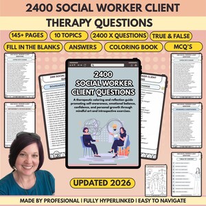 Puede incluir: Un producto digital titulado "2400 Preguntas de terapia para clientes de trabajadores sociales". La portada presenta el título, una descripción e ilustraciones. Incluye más de 145 páginas, 10 temas, 2400 preguntas, verdadero/falso, completar los espacios en blanco, respuestas, libro para colorear y preguntas de opción múltiple.