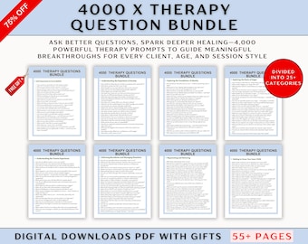 May include: A digital download product featuring a bundle of 4000 therapy questions, divided into 25+ categories. The product includes 55+ pages of prompts designed to guide meaningful breakthroughs. The image has a red 75% off banner and a free gift tag.