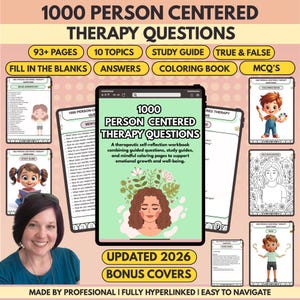1000 x Person Centered Therapy Questions - Carl Rogers, 93+ Pages, 10+ Topics, Fully Hyperlinked, Quiz & Coloring Book (Digital Download)
