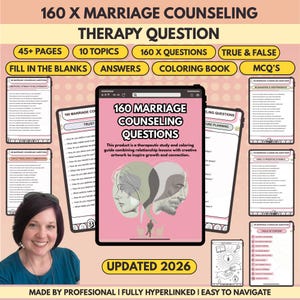 Puede incluir: Un producto digital titulado "160 Preguntas de Consejería Matrimonial" se muestra en una tableta. La imagen presenta un fondo rosa con texto y gráficos, incluyendo "45+ Páginas", "10 Temas" y "Libro para colorear". El producto está diseñado para guiar lecciones de relación.